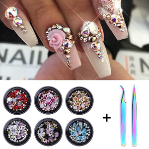 1/2Pcs Set 3D Nail Rhinestones Stones Mixed Colorful DIY Design Decals with Nail Curved Tweezer Crystals Nail Art Decorations