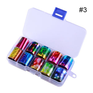 10 Rolls/Box Holographic Nail Foils Nails Wraps Multi-pattern Colorful Transfer Sticker Decals Tips Nail Art Decorations