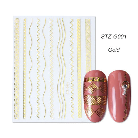 1pcs Gold Silver Sliders 3D Nail Stickers Straight Curved Liners Stripe Tape Wraps Geometric Nail Art Decorations BESTZG001-013