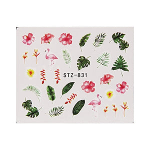 19 Designs Nail Stickers Green Leaf Flamingo Flowers Cactus Water Decals Nail Art Decorations Wraps Flakes Sliders Manicure
