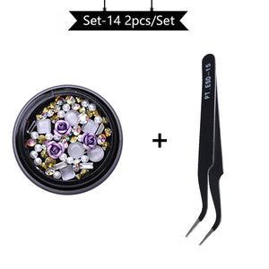 1/2Pcs Set  3D Nail Rhinestones Stones Mixed Colorful DIY Design Decals with Nail Curved Tweezer Crystals Nail Art Decorations