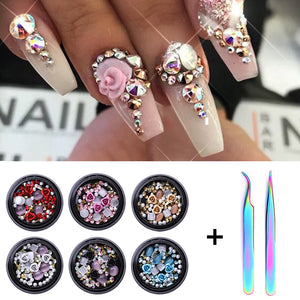 1/2Pcs Set  3D Nail Rhinestones Stones Mixed Colorful DIY Design Decals with Nail Curved Tweezer Crystals Nail Art Decorations