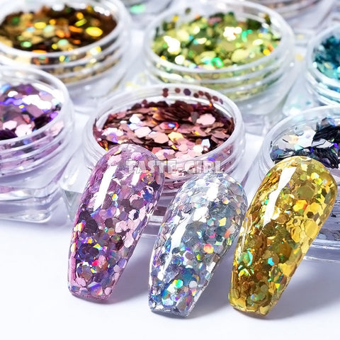 1 Jar Super Starr Mix Sizes Hexagon Nail Glitter Laser Holographic Sequin Arylic Nail Art Paillette Decals DIY Tips XH#