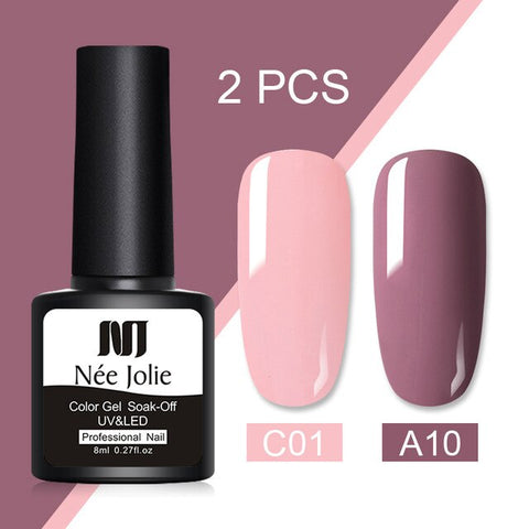 2 Bottles/set 8ml Nee Jolie Colorful Gel Nail Polish Pure-Color Long Lasting Soak Off UV Nail Art Gel Polish DIY Nail Varnish