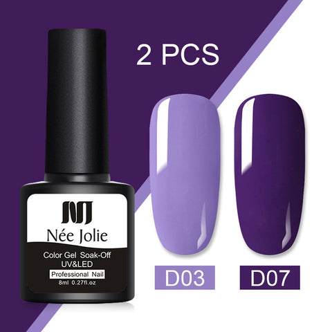 2 Bottles/set 8ml Nee Jolie Colorful Gel Nail Polish Pure-Color Long Lasting Soak Off UV Nail Art Gel Polish DIY Nail Varnish