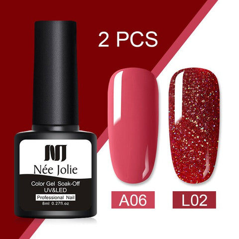 2 Bottles/set 8ml Nee Jolie Colorful Gel Nail Polish Pure-Color Long Lasting Soak Off UV Nail Art Gel Polish DIY Nail Varnish