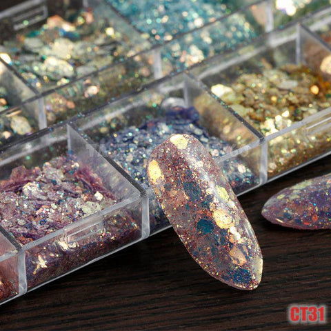 12 Grids/Set Combined Glitter Holographic Hexagon Sequins Sugar Marble Powder Mylar Foil Shell Nail Art Decoration DIY CT#