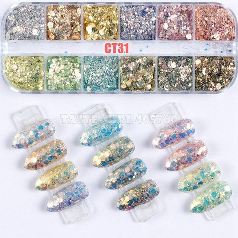 12 Grids/Set Combined Glitter Holographic Hexagon Sequins Sugar Marble Powder Mylar Foil Shell Nail Art Decoration DIY CT#