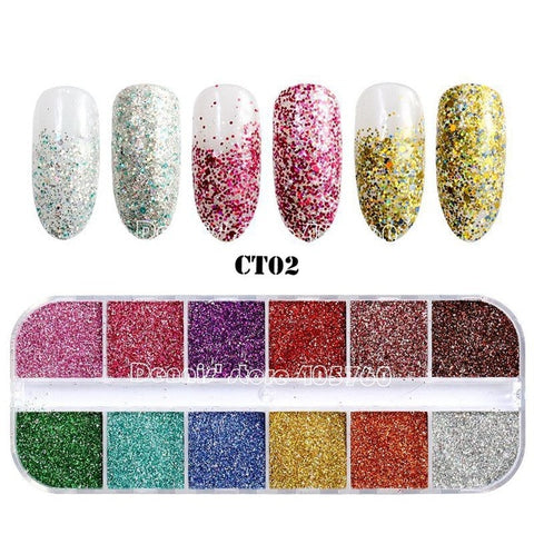 12 Grids/Set Combined Glitter Holographic Hexagon Sequins Sugar Marble Powder Mylar Foil Shell Nail Art Decoration DIY CT#