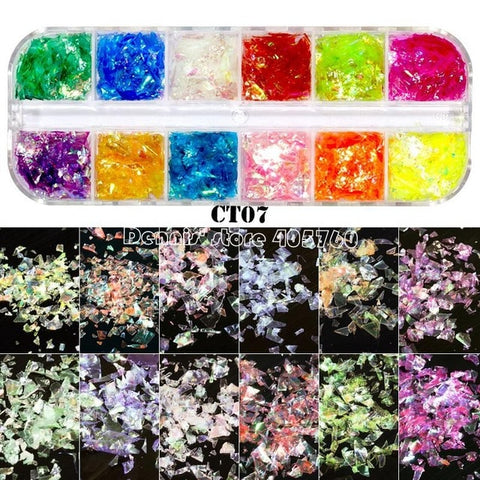 12 Grids/Set Combined Glitter Holographic Hexagon Sequins Sugar Marble Powder Mylar Foil Shell Nail Art Decoration DIY CT#