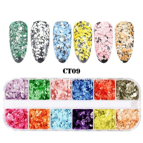 12 Grids/Set Combined Glitter Holographic Hexagon Sequins Sugar Marble Powder Mylar Foil Shell Nail Art Decoration DIY CT#