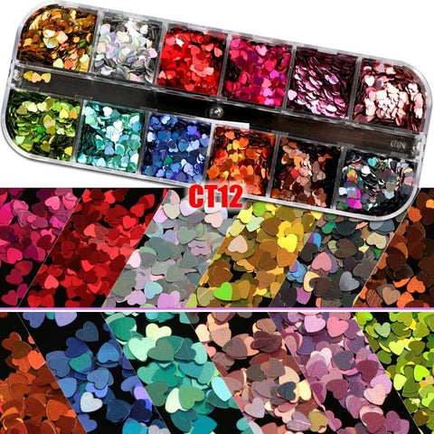 12 Grids/Set Combined Glitter Holographic Hexagon Sequins Sugar Marble Powder Mylar Foil Shell Nail Art Decoration DIY CT#