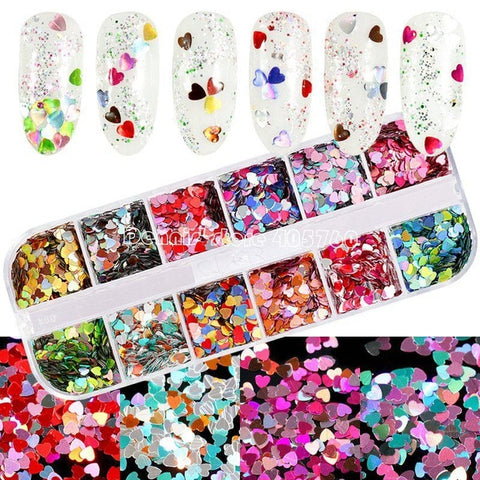 12 Grids/Set Combined Glitter Holographic Hexagon Sequins Sugar Marble Powder Mylar Foil Shell Nail Art Decoration DIY CT#