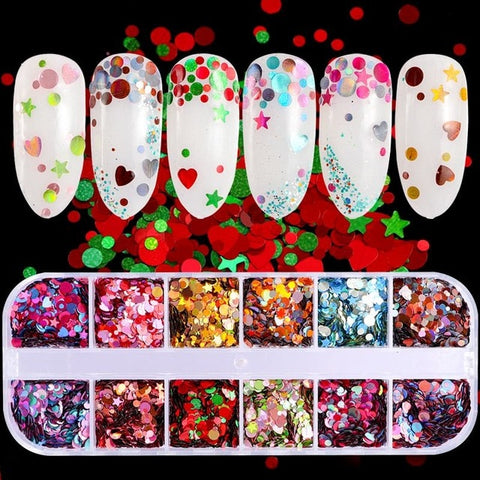 12 Grids/Set Combined Glitter Holographic Hexagon Sequins Sugar Marble Powder Mylar Foil Shell Nail Art Decoration DIY CT#