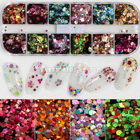 12 Grids/Set Combined Glitter Holographic Hexagon Sequins Sugar Marble Powder Mylar Foil Shell Nail Art Decoration DIY CT#