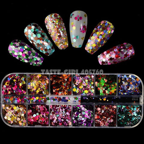 12 Grids/Set Combined Glitter Holographic Hexagon Sequins Sugar Marble Powder Mylar Foil Shell Nail Art Decoration DIY CT#