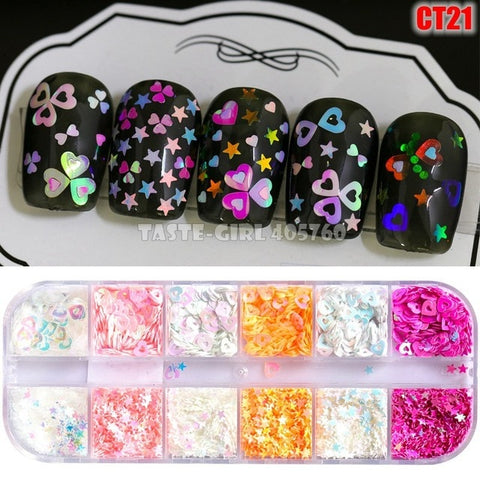 12 Grids/Set Combined Glitter Holographic Hexagon Sequins Sugar Marble Powder Mylar Foil Shell Nail Art Decoration DIY CT#