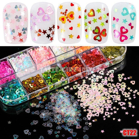 12 Grids/Set Combined Glitter Holographic Hexagon Sequins Sugar Marble Powder Mylar Foil Shell Nail Art Decoration DIY CT#