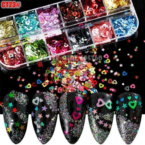 12 Grids/Set Combined Glitter Holographic Hexagon Sequins Sugar Marble Powder Mylar Foil Shell Nail Art Decoration DIY CT#