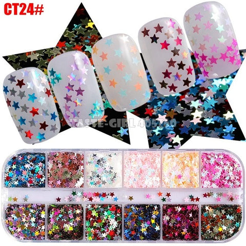 12 Grids/Set Combined Glitter Holographic Hexagon Sequins Sugar Marble Powder Mylar Foil Shell Nail Art Decoration DIY CT#