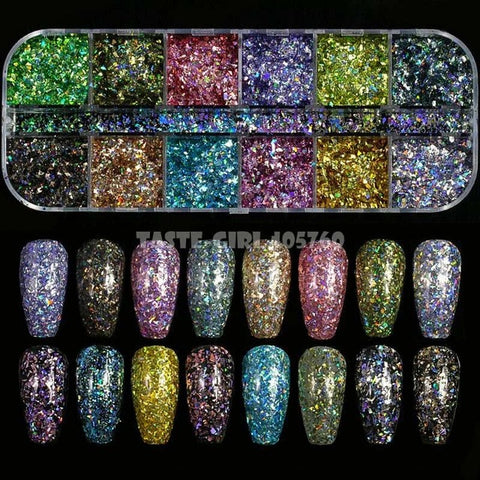 12 Grids/Set Combined Glitter Holographic Hexagon Sequins Sugar Marble Powder Mylar Foil Shell Nail Art Decoration DIY CT#