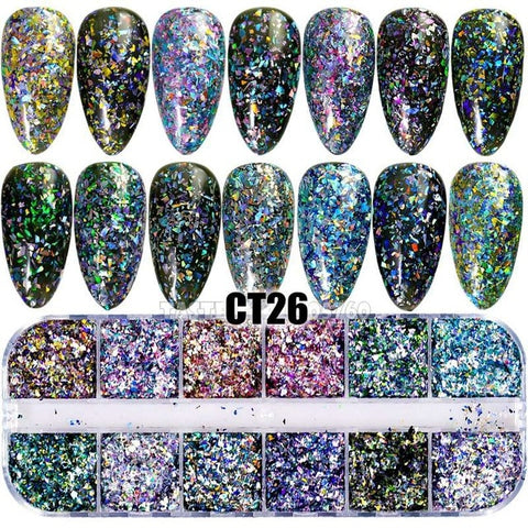 12 Grids/Set Combined Glitter Holographic Hexagon Sequins Sugar Marble Powder Mylar Foil Shell Nail Art Decoration DIY CT#