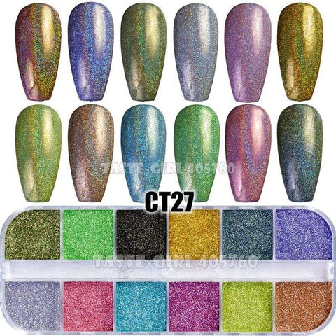 12 Grids/Set Combined Glitter Holographic Hexagon Sequins Sugar Marble Powder Mylar Foil Shell Nail Art Decoration DIY CT#