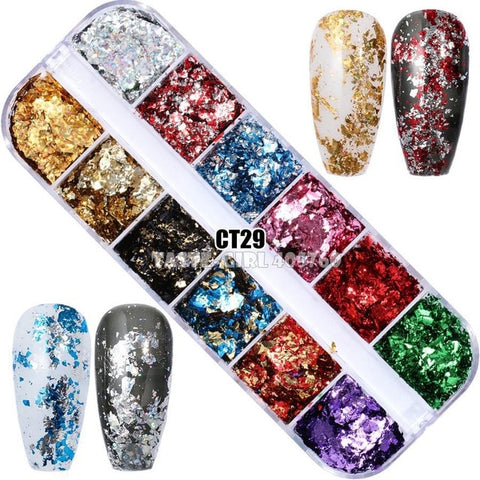 12 Grids/Set Combined Glitter Holographic Hexagon Sequins Sugar Marble Powder Mylar Foil Shell Nail Art Decoration DIY CT#